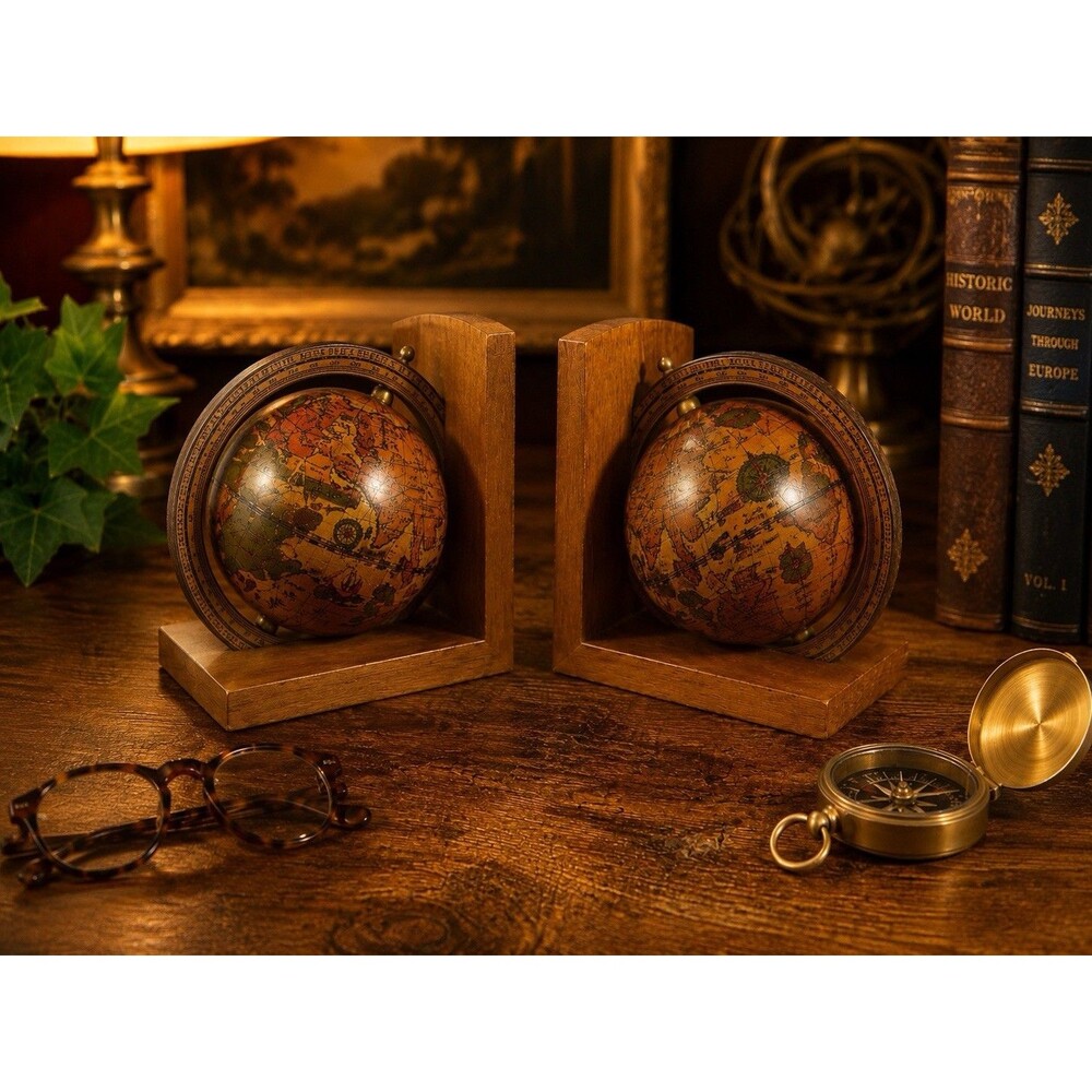 Vintage Italian Globe Bookends Wood Faux Antique Map Library Decor Made in Italy